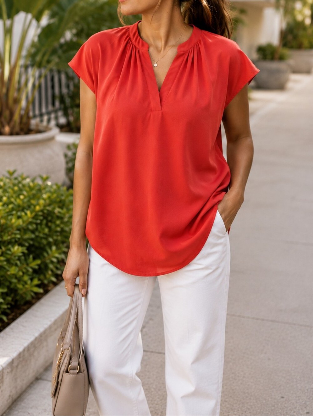 H by Halston Coral Red Split Neck Short Sleeve Tunic Blouse Casual Top